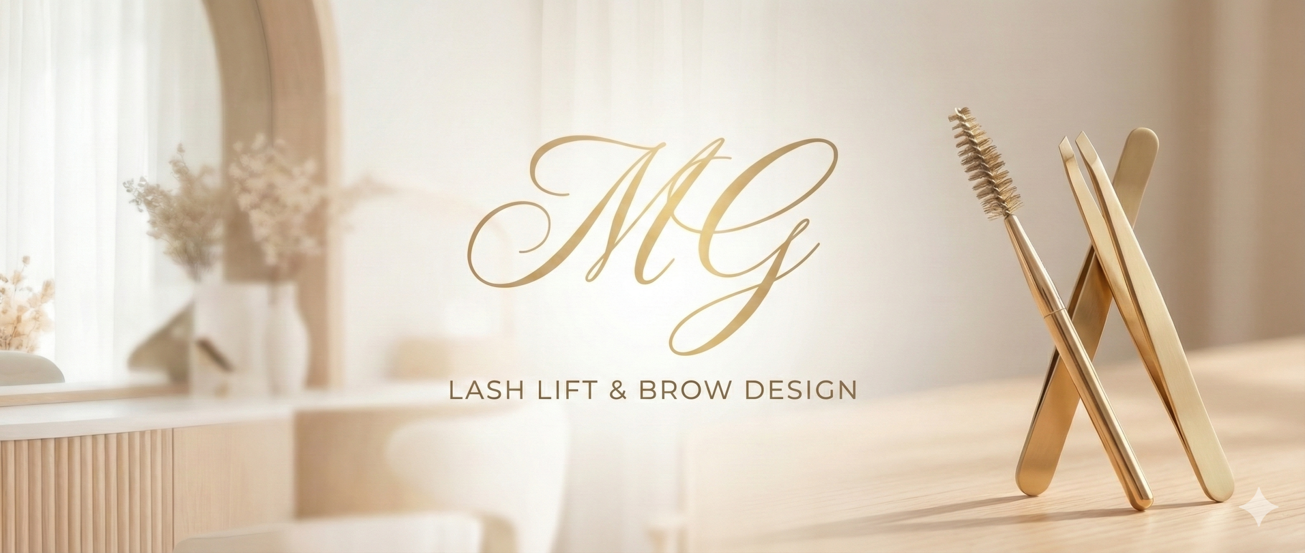 לוגו המותג MG Lash Lift & Brow Design בכיתוב מוזהב יוקרתי, על רקע קליניקה מוארת בגווני בז'. בחזית התמונה מוצגים כלי עבודה מקצועיים בזהב – פינצטה ומברשת גבות – המדגישים את הדיוק והאיכות של הטיפול.